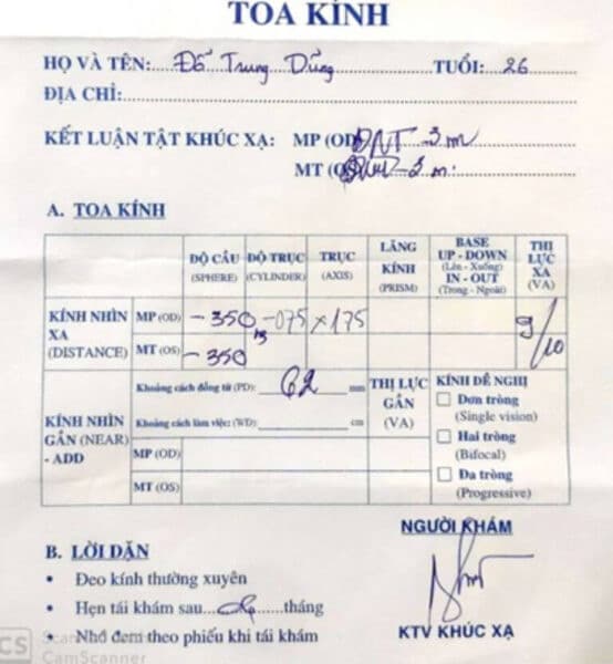 Kết quả đo kính từ KTV